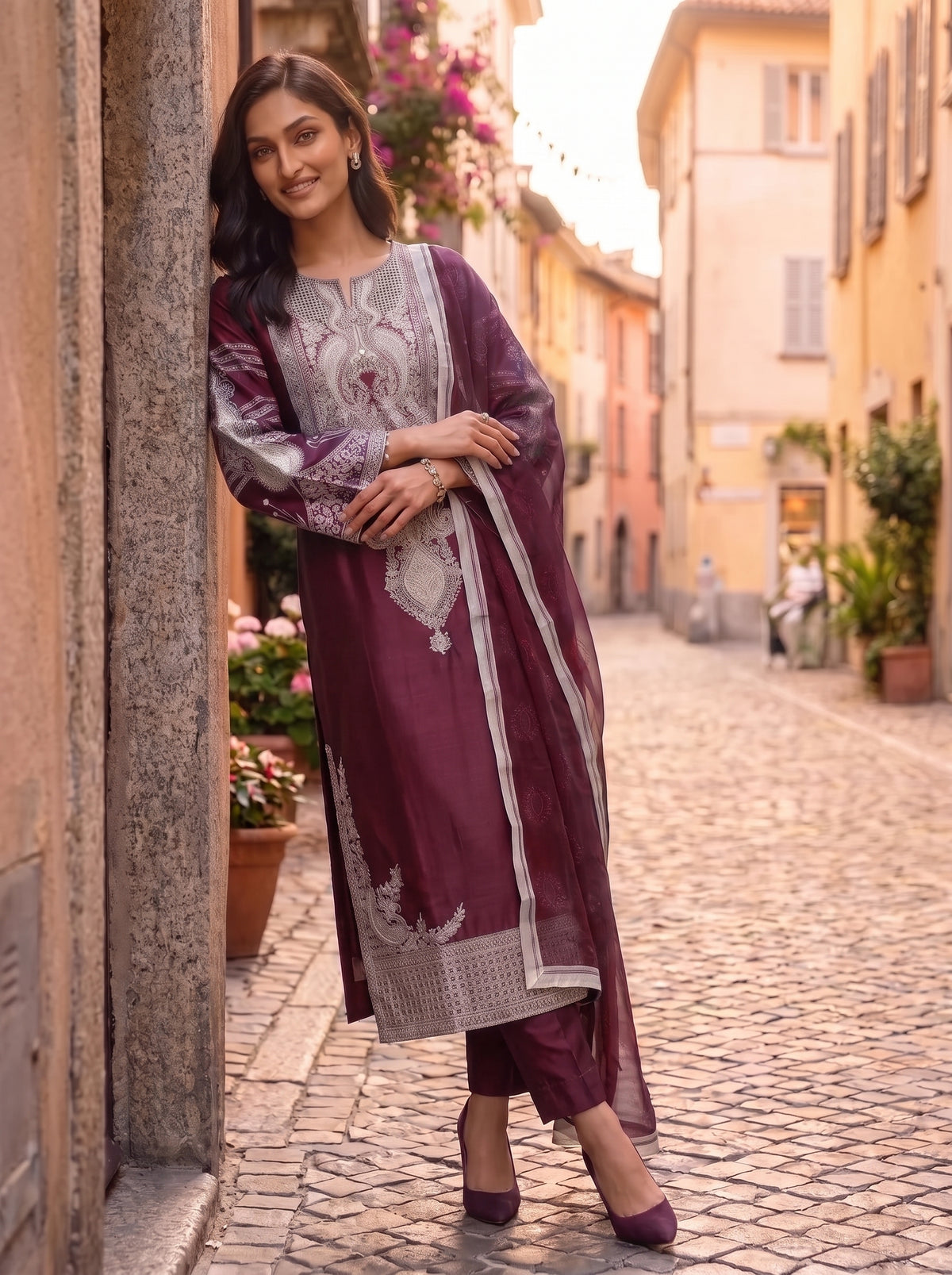 3Pc Embroided Shamoz Silk Shirt, Shalwar, Dupatta