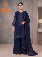 3Pc Embroided Chiffon Shirt, Plazo, Dupatta