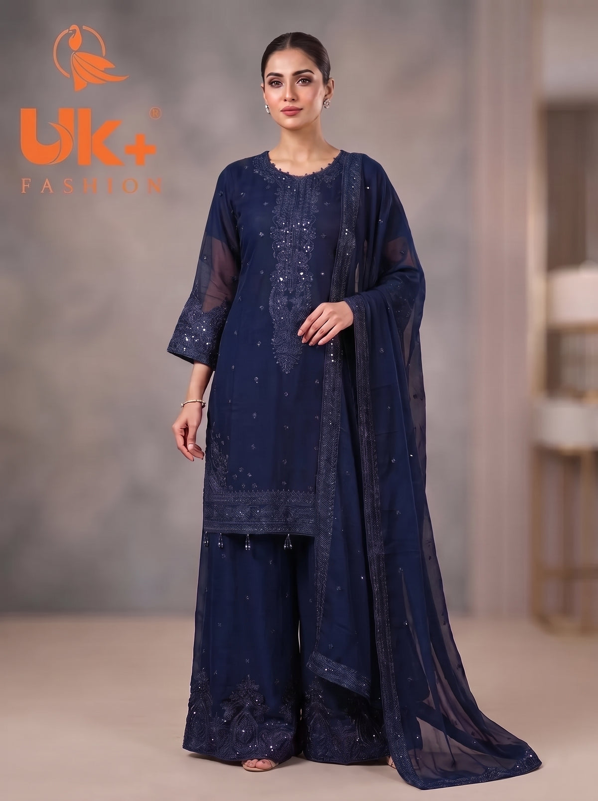 3Pc Embroided Chiffon Shirt, Plazo, Dupatta