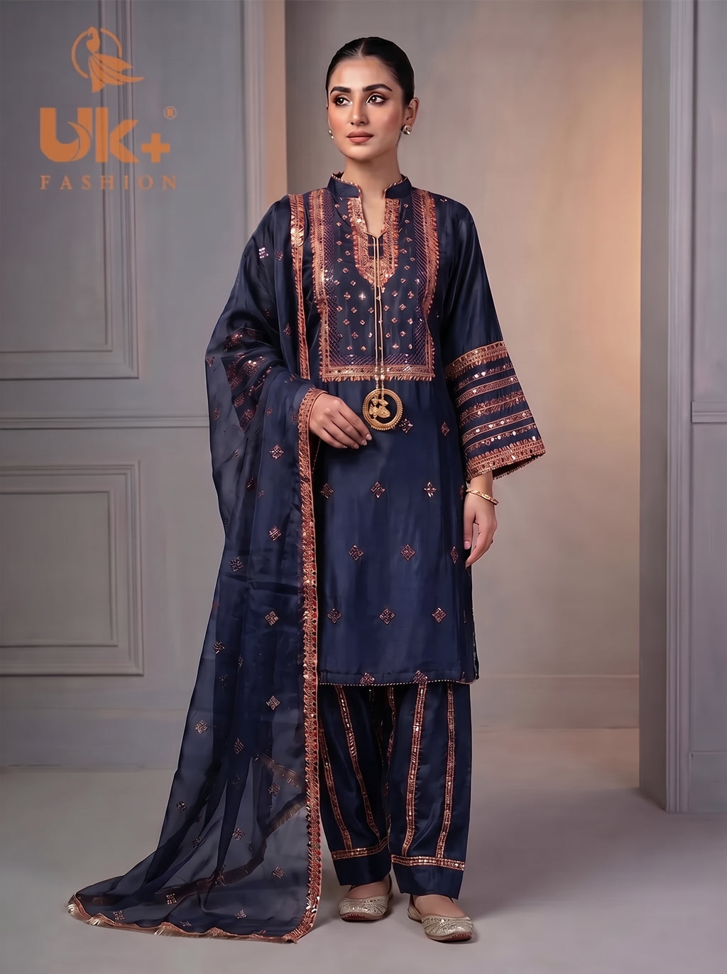 3Pc Embroided kataan Silk Shirt, Plazo, Dupatta