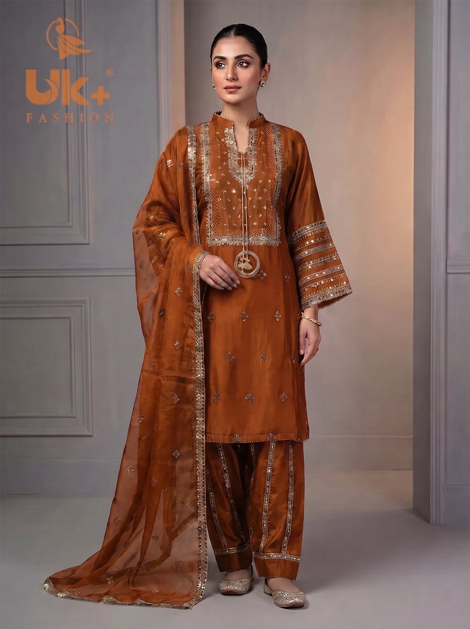 3Pc Embroided kataan Silk Shirt, Plazo, Dupatta