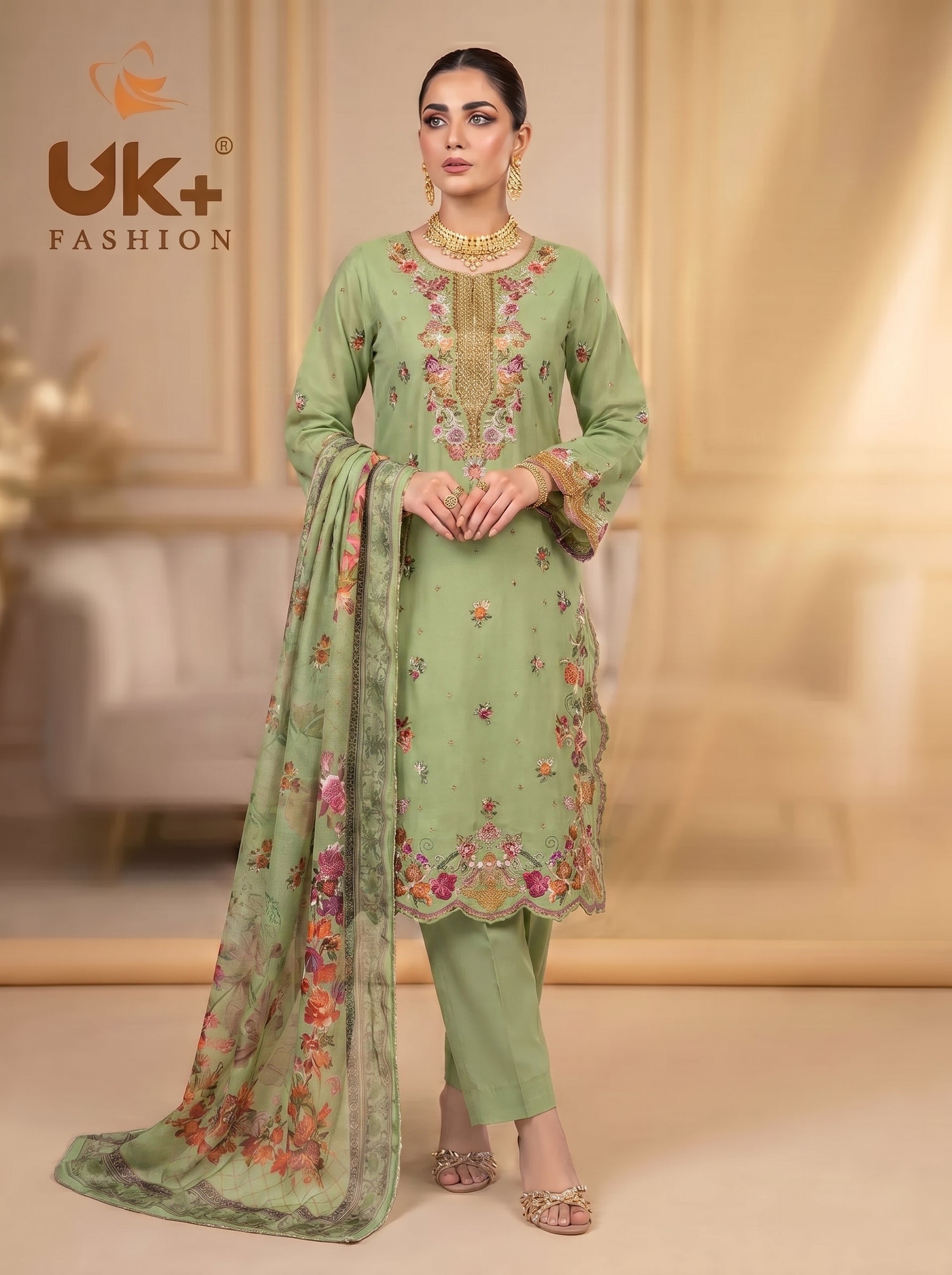 3Pc Embroidered Cotton Shirt, Trouser, Dupatta