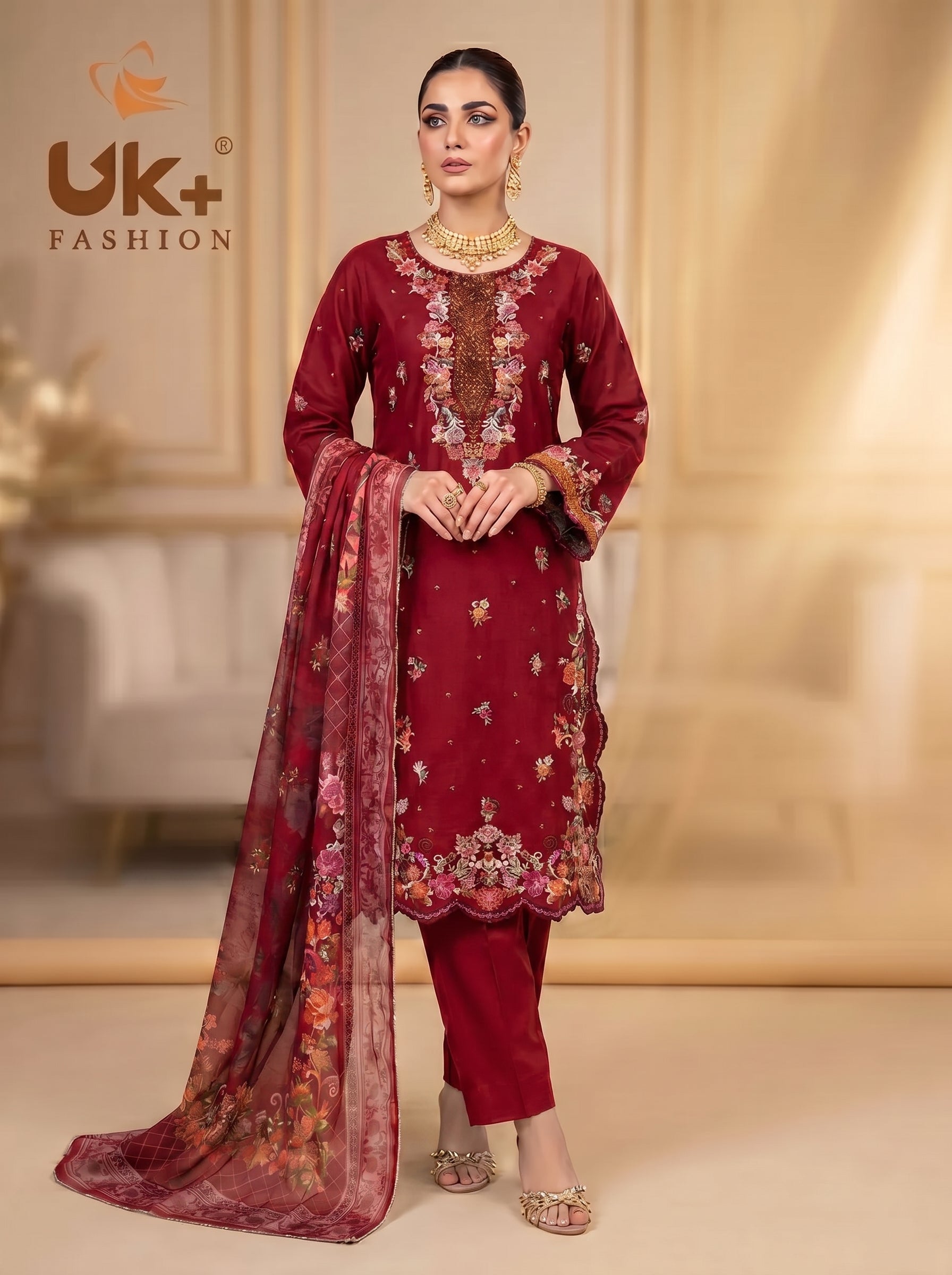 3Pc Embroidered Cotton Shirt, Trouser, Dupatta