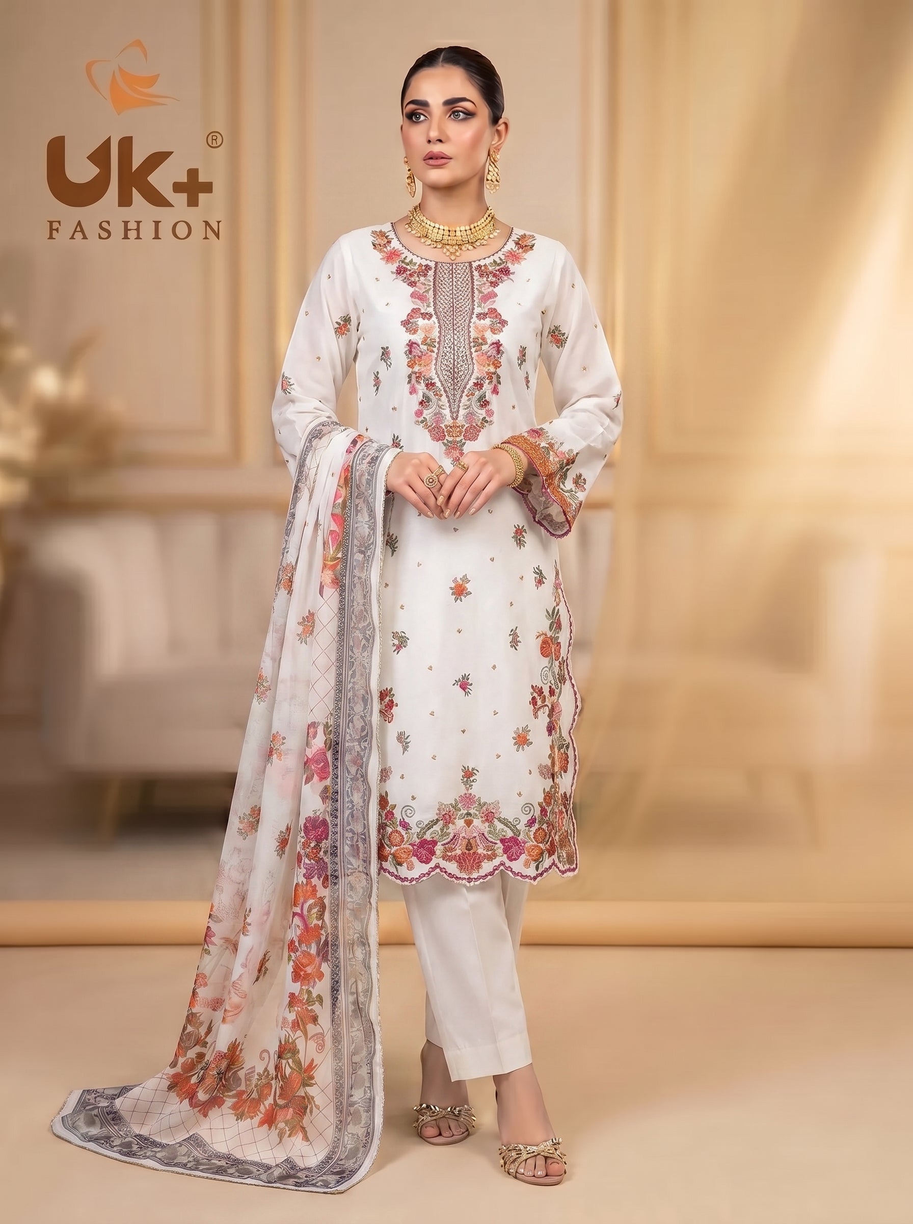 3Pc Embroidered Cotton Shirt, Trouser, Dupatta