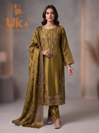 3Pc Embroided Shamoz Silk Long Shirt, Shalwar, Dupatta