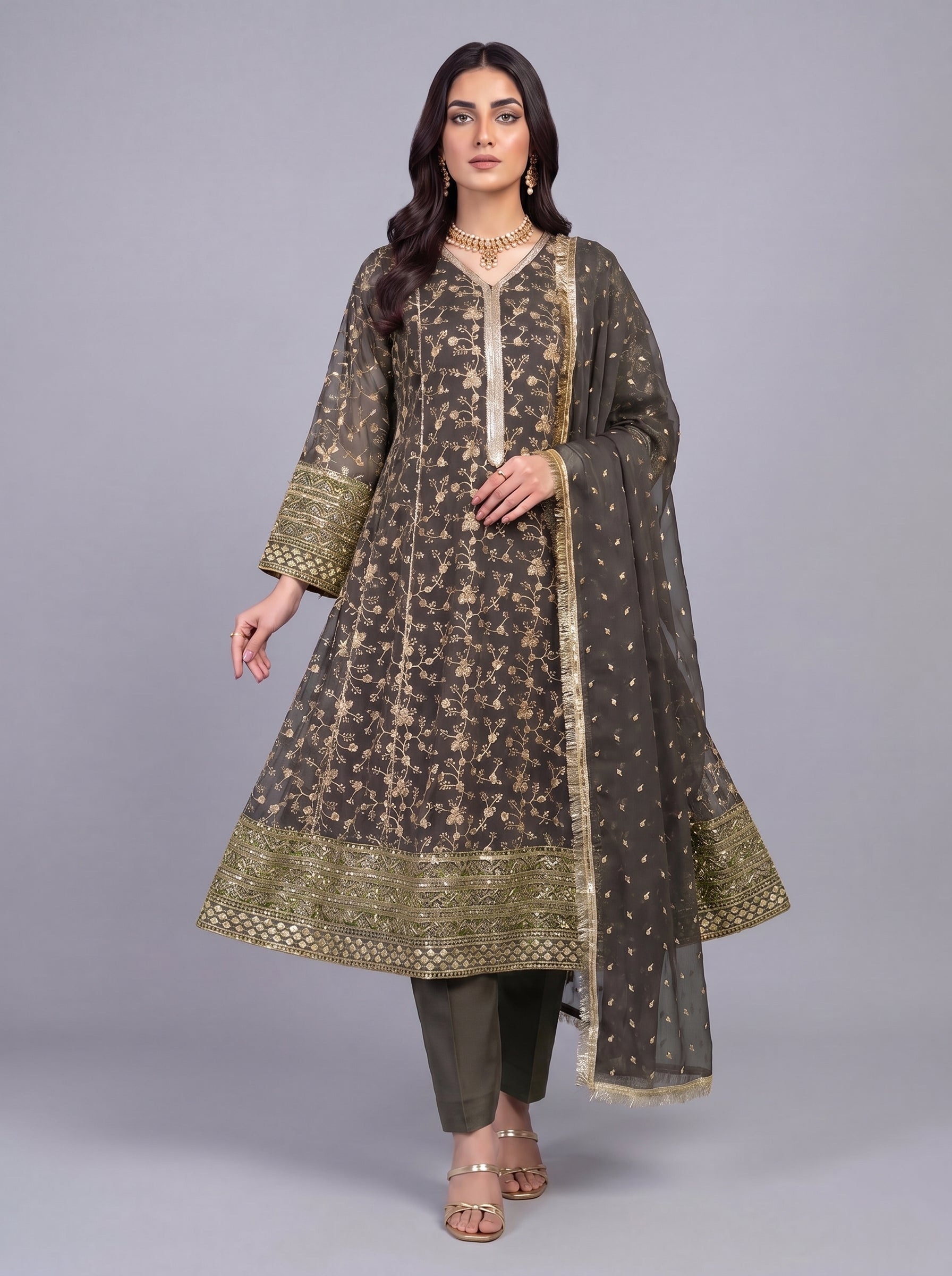 3Pc Chiffon Embroidery Shirt, Shlawar, Dupatta