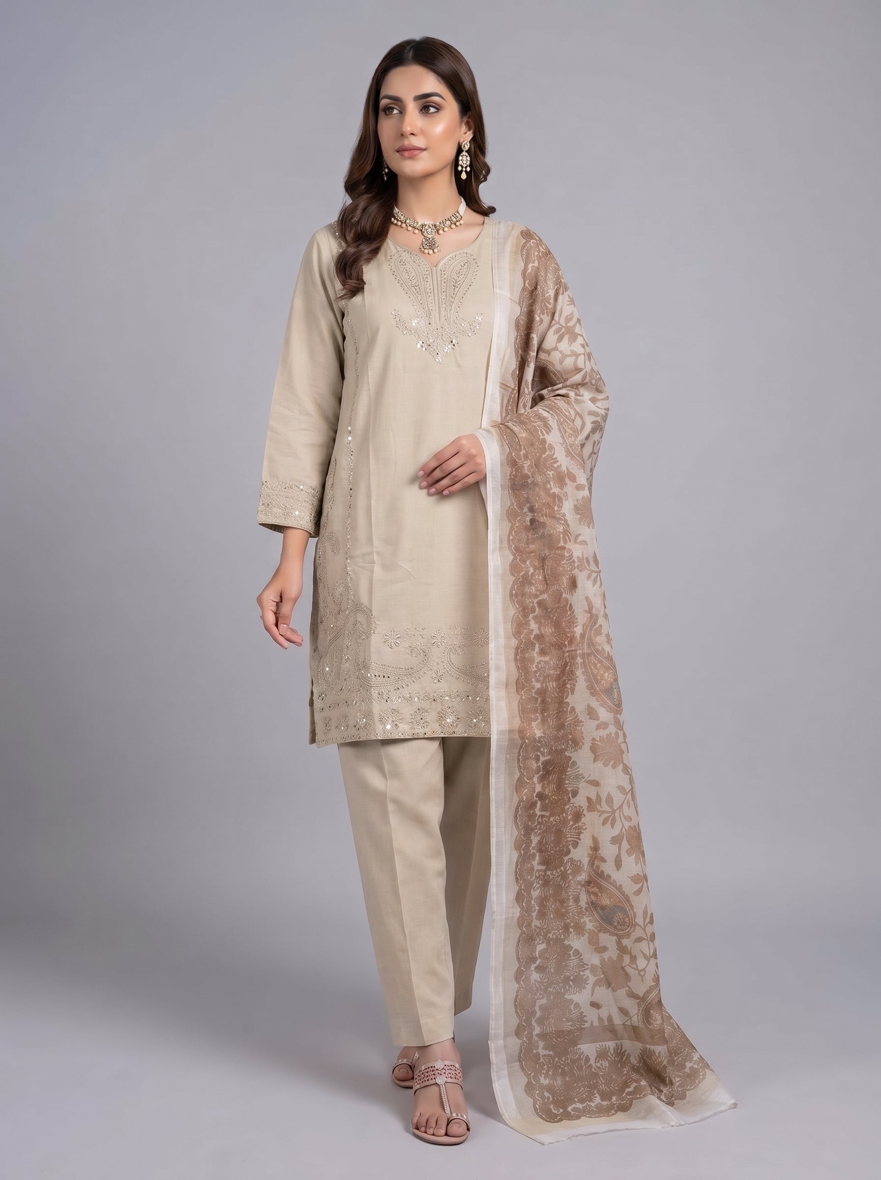 3Pc Embroidered Cotton Shirt, Trouser, Dupatta
