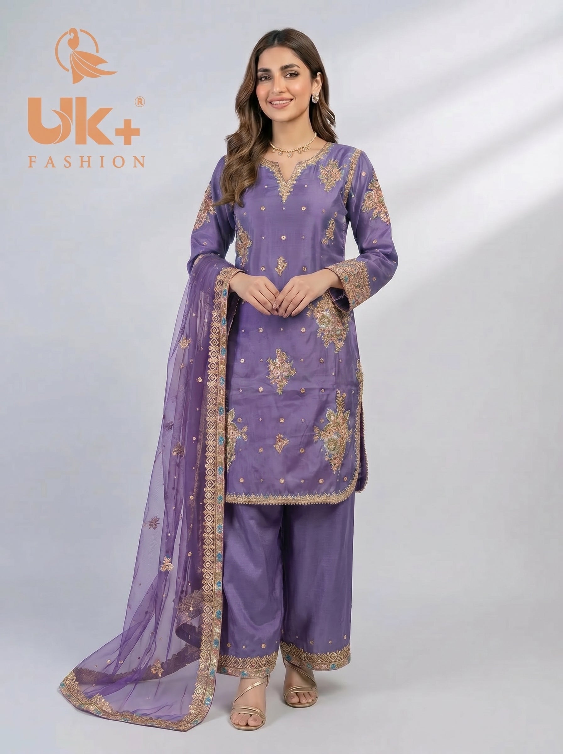 3Pc Embroidered Kattan Silk Shirt, Farshi Shalwar, Dupatta