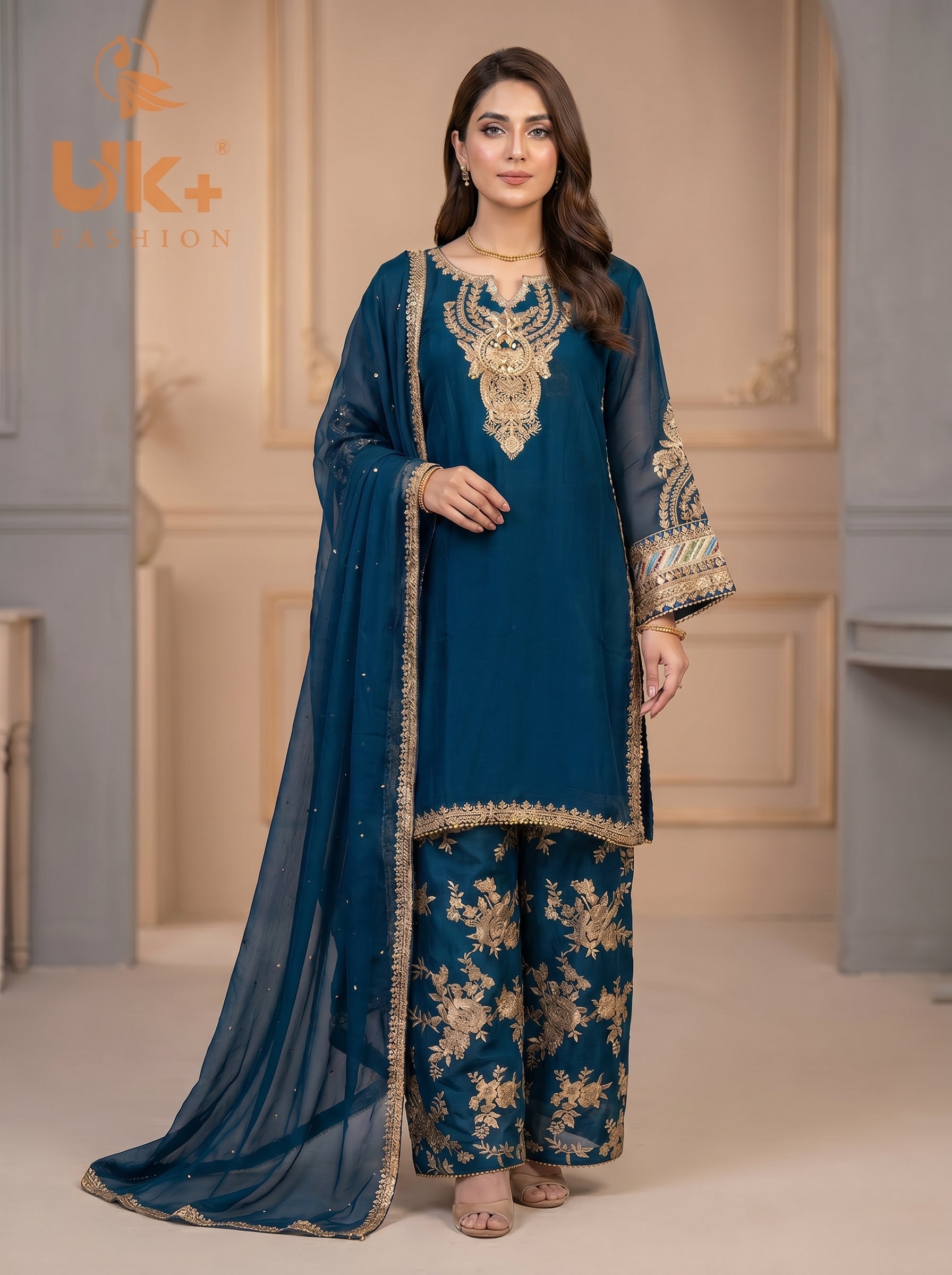 3Pc Embroidered Chiffon Shirt, Plazo, Dupatta