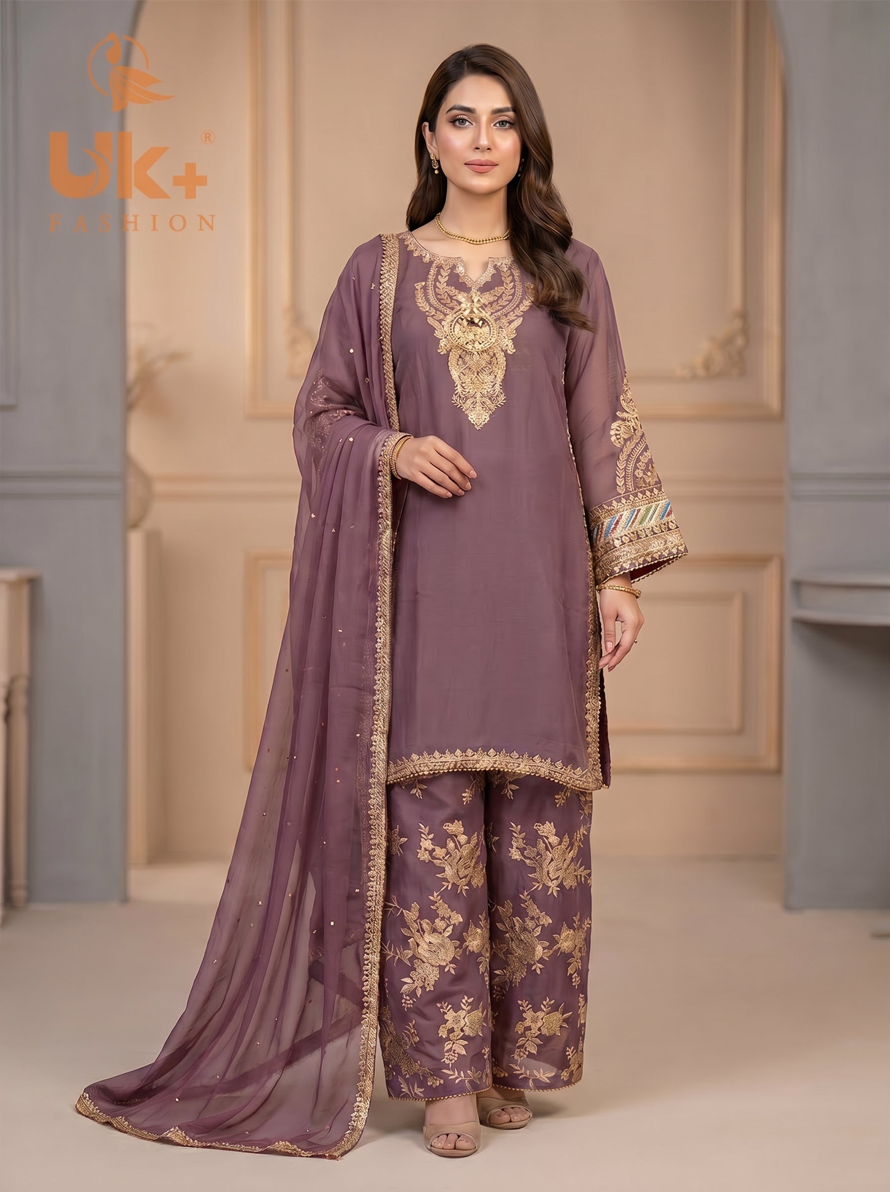 3Pc Embroidered Chiffon Shirt, Plazo, Dupatta