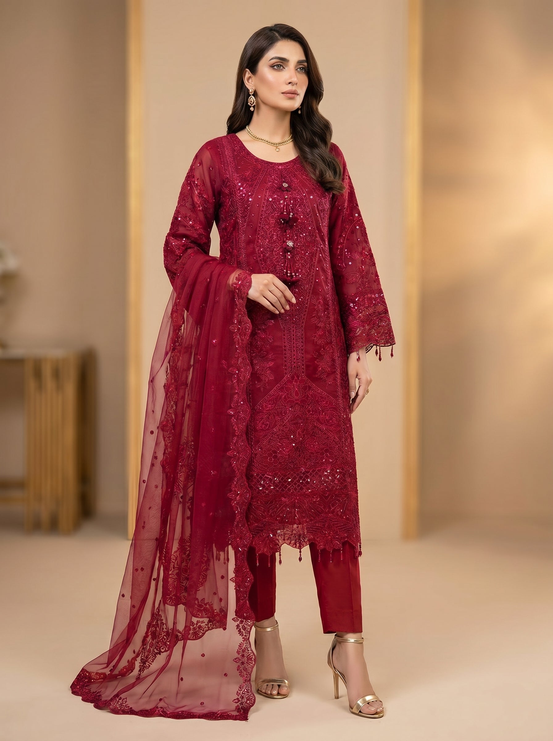 3Pc Embroidered Organza shirt, shalwar & Dupatta