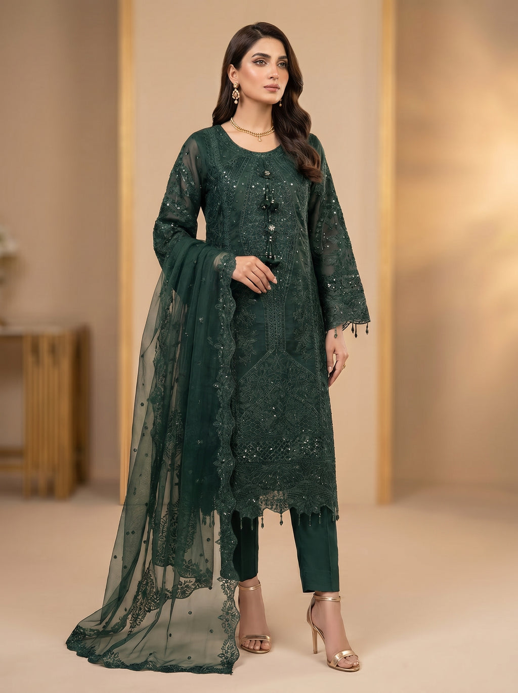 3Pc Embroidered Organza shirt, shalwar & Dupatta