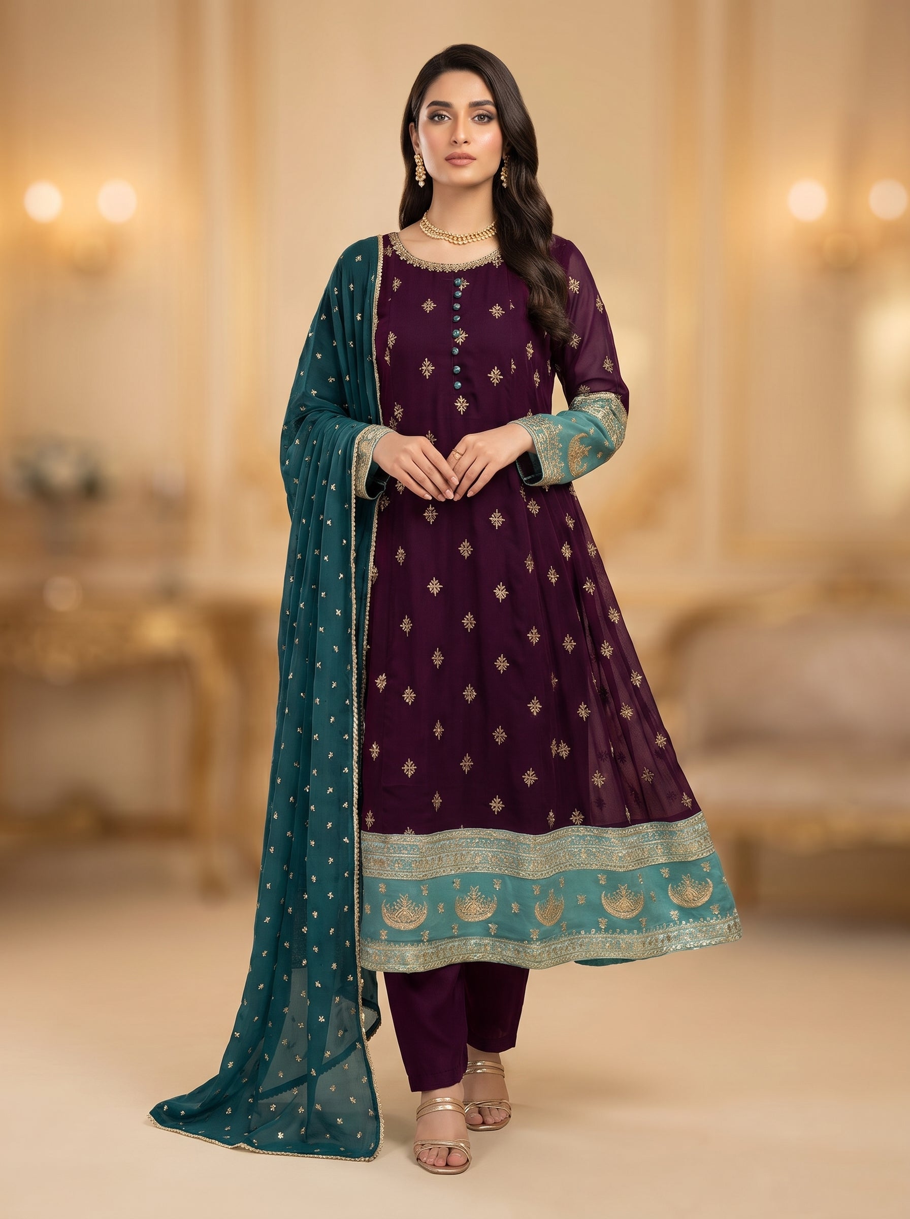 3pc Chiffon Frock, Trouser, dupatta