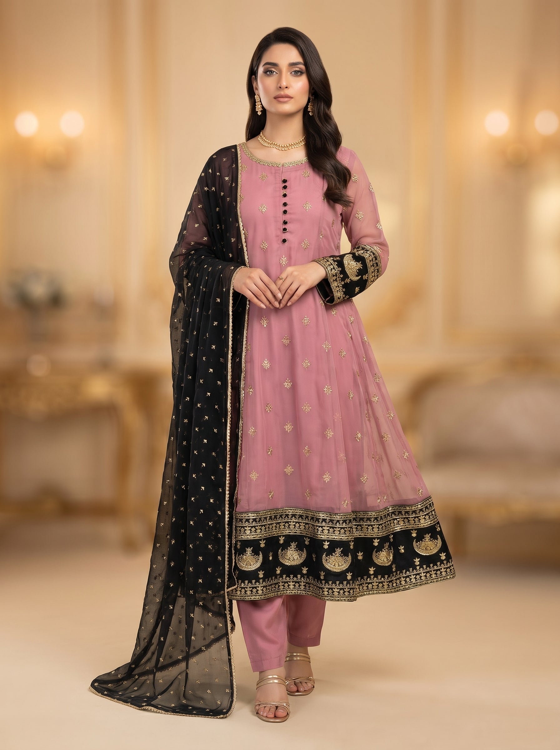3pc Chiffon Frock, Trouser, dupatta