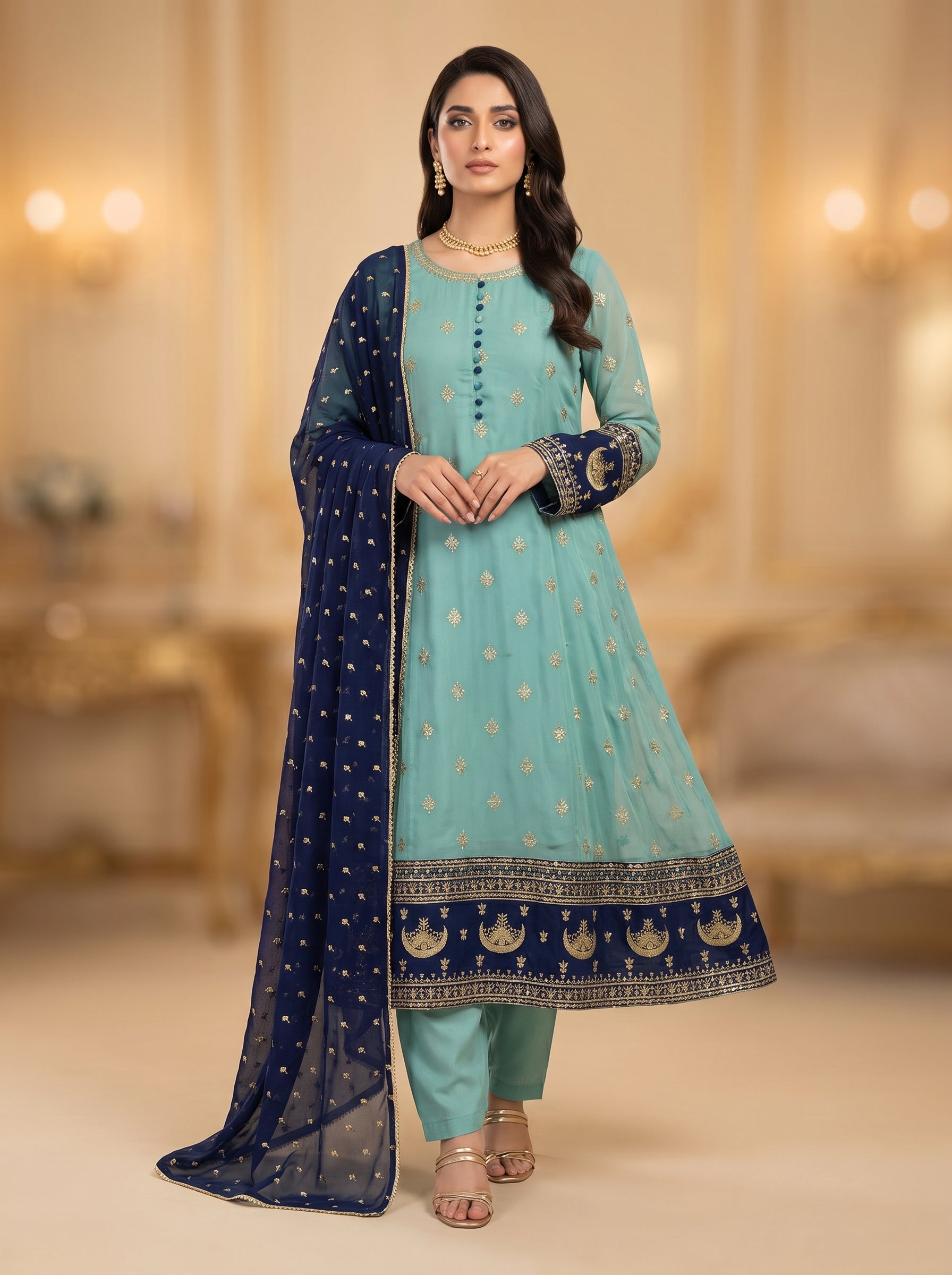 3pc Chiffon Frock, Trouser, dupatta