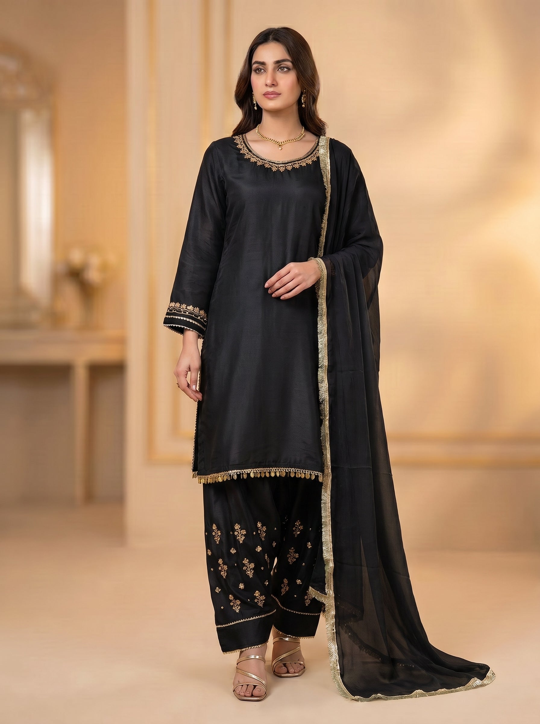 3pc Raw Silk Shirt, Farshi Shalwar,dupatta