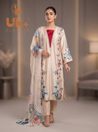 3Pc Embroided Shamoz Silk Long Shirt, Shalwar, Dupatta