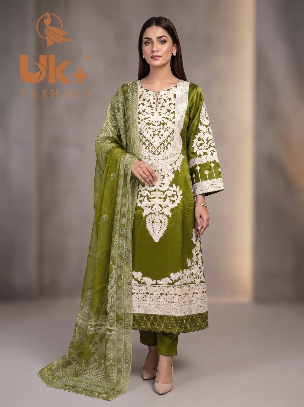 3Pc Embroidered Kattan Silk Long Shirt, Shalwar, Dupatta