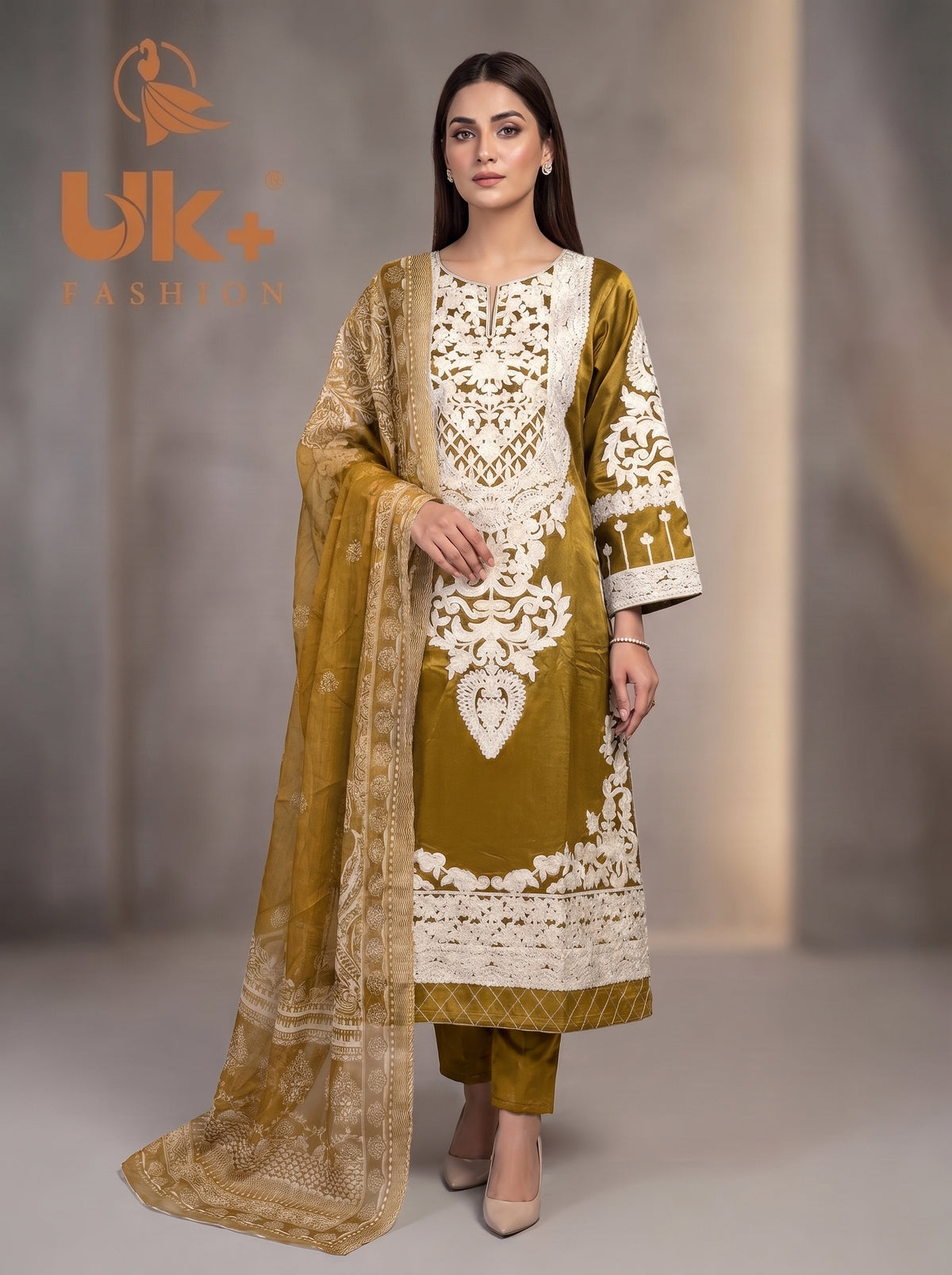 3Pc Embroidered Kattan Silk Long Shirt, Shalwar, Dupatta