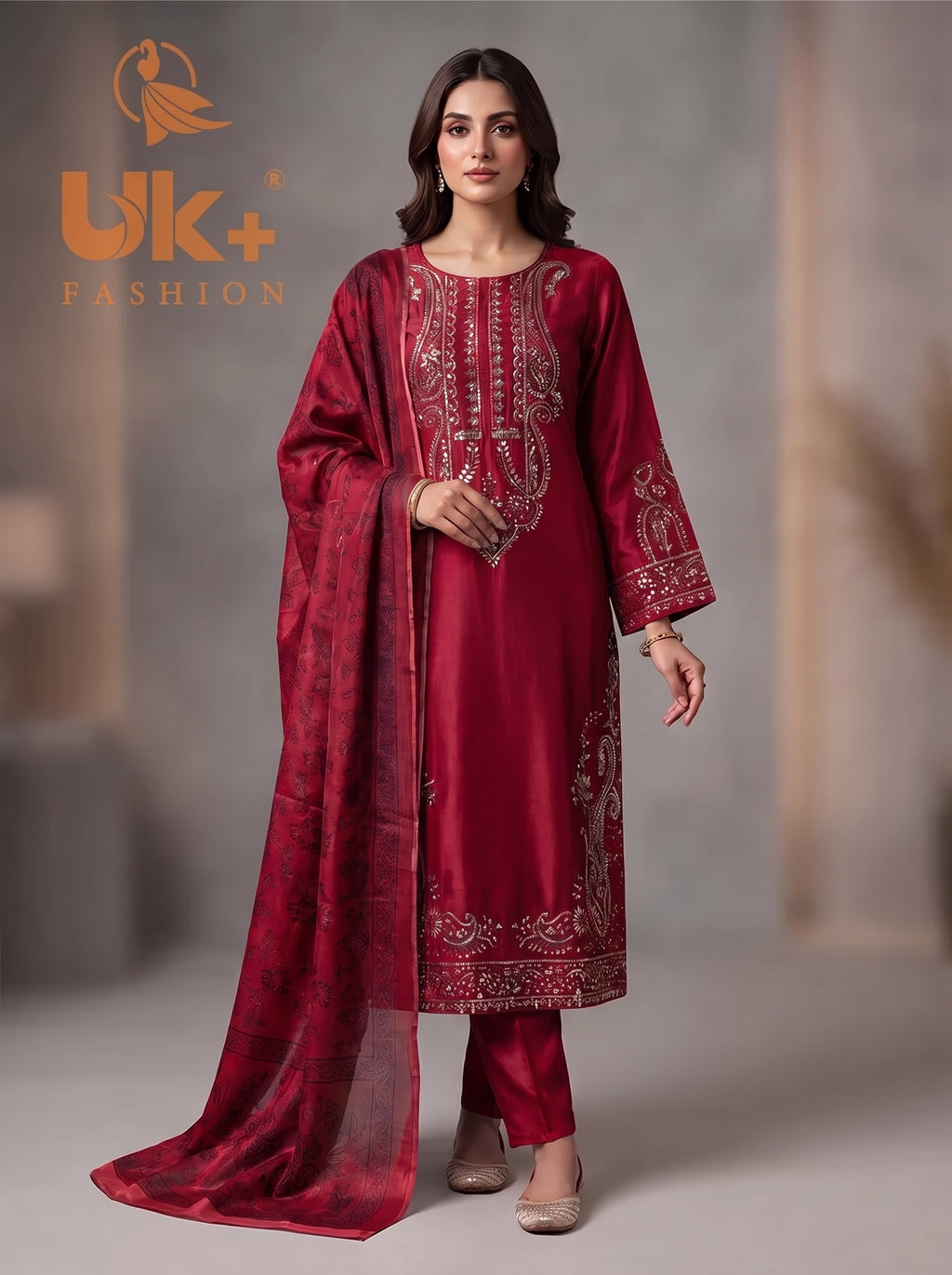 3Pc Embroided Shamoz Silk Long Shirt, Shalwar, Dupatta