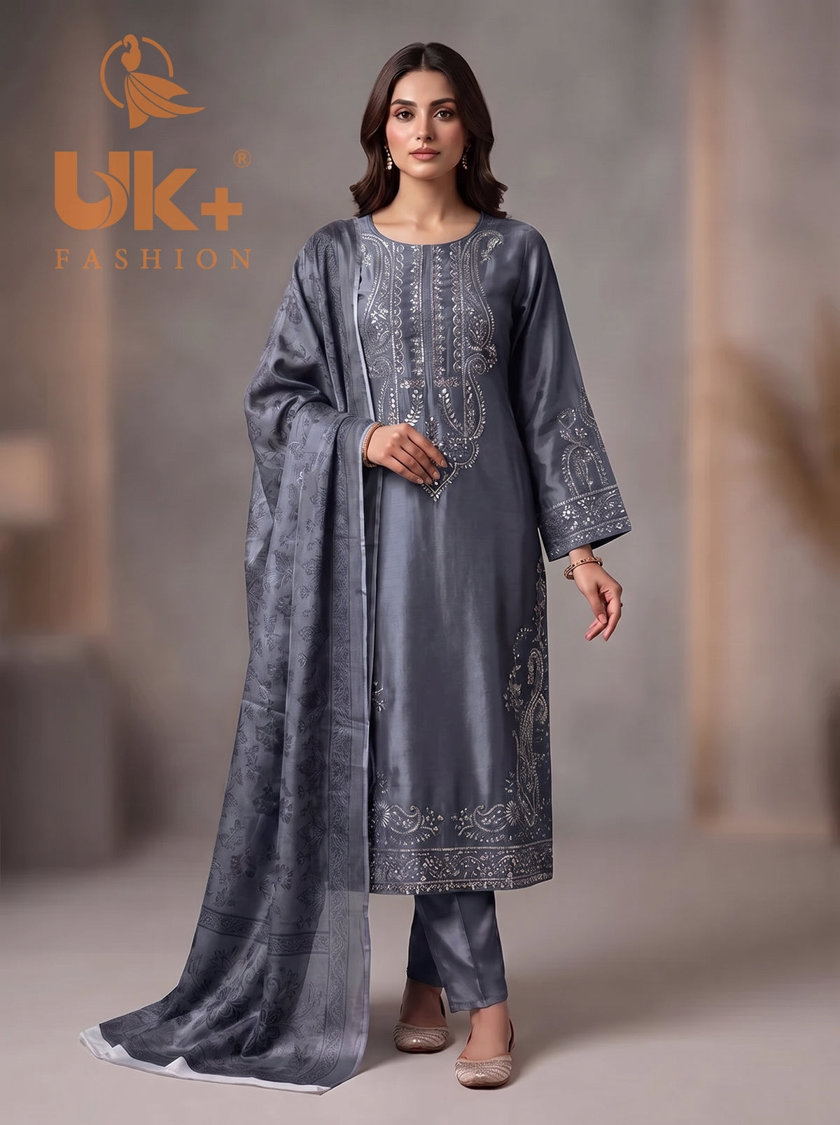 3Pc Embroided Shamoz Silk Long Shirt, Shalwar, Dupatta
