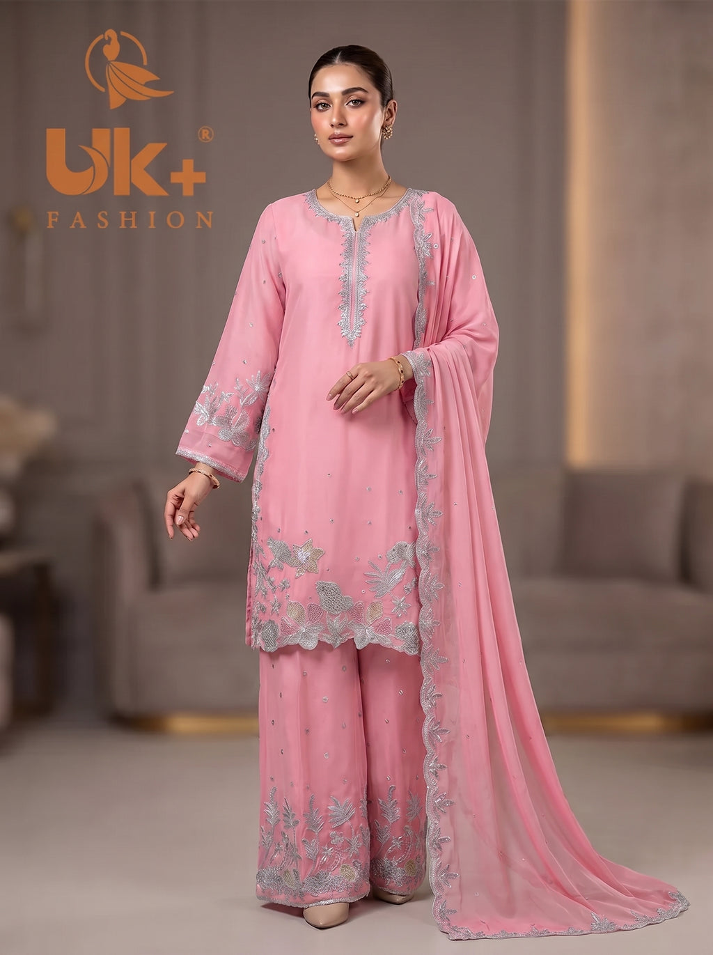 3Pc Embroided Chiffon Shirt, Plazo, Dupatta
