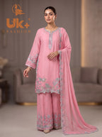 3Pc Embroided Chiffon Shirt, Plazo, Dupatta