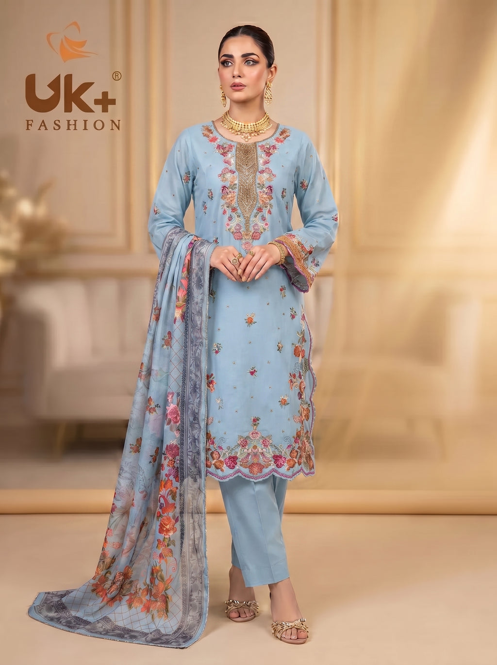 3Pc Embroidered Cotton Shirt, Trouser, Dupatta