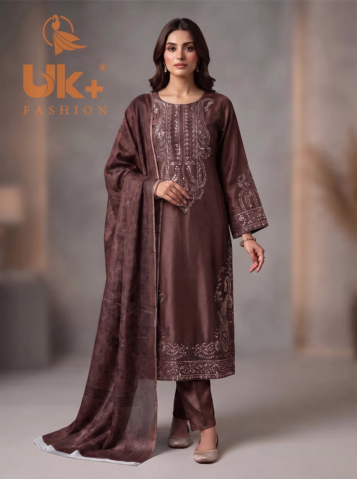 3Pc Embroided Shamoz Silk Long Shirt, Shalwar, Dupatta