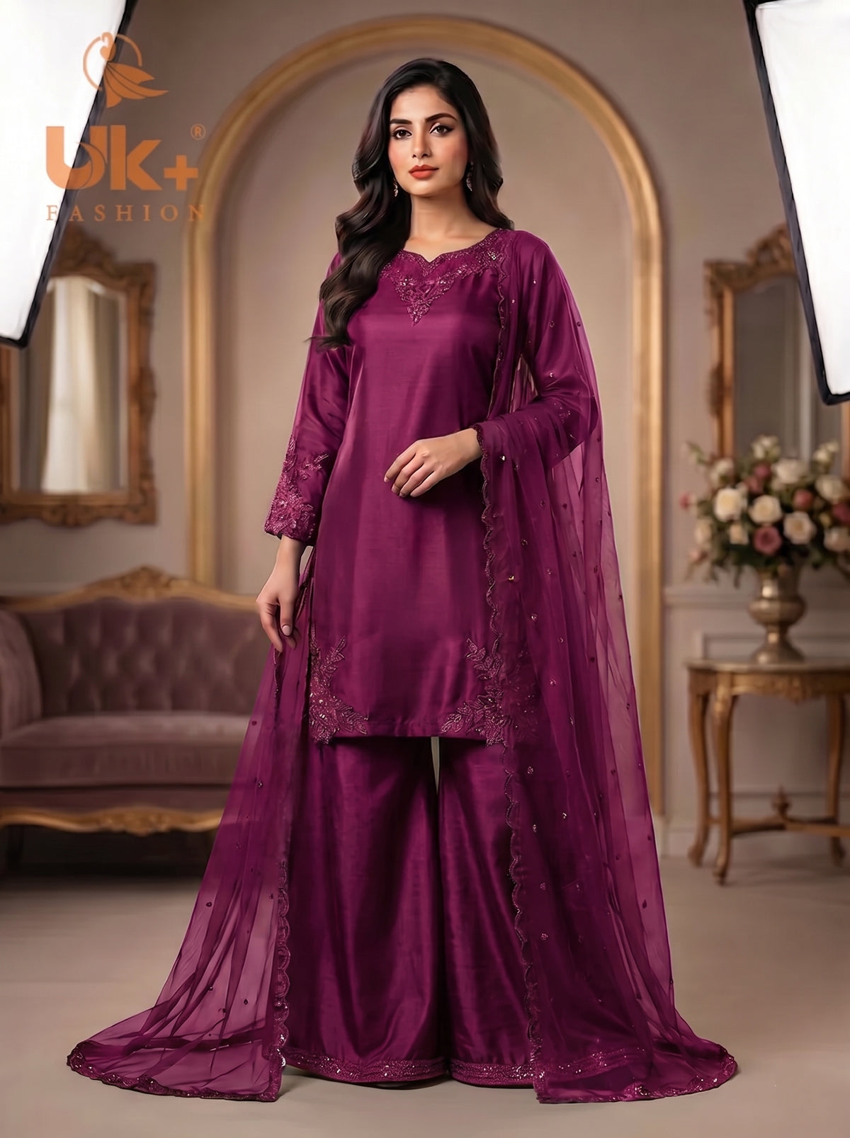 3Pc Embroided pure Silk Shirt, Plazo, Dupatta