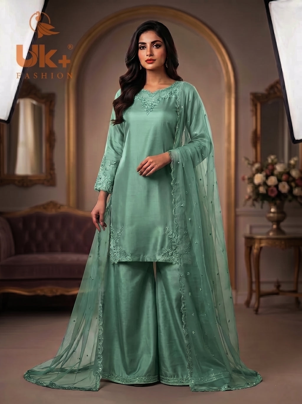 3Pc Embroided pure Silk Shirt, Plazo, Dupatta