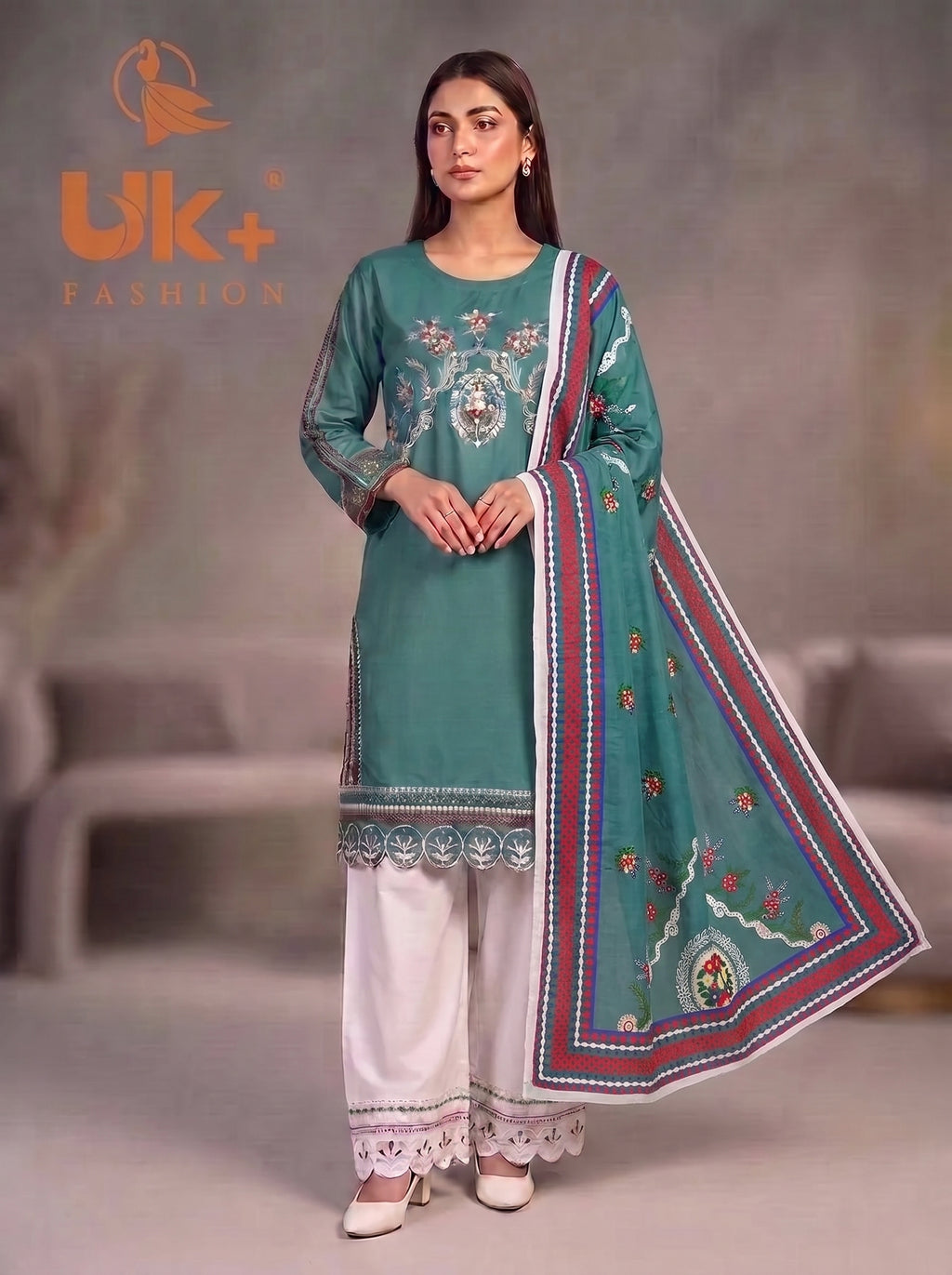 3Pc Embroidered Cotton Shirt, Plazo, Dupatta