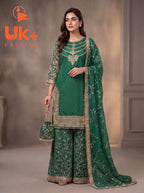 3Pc Embroided Chiffon Shirt, Plazo, Dupatta