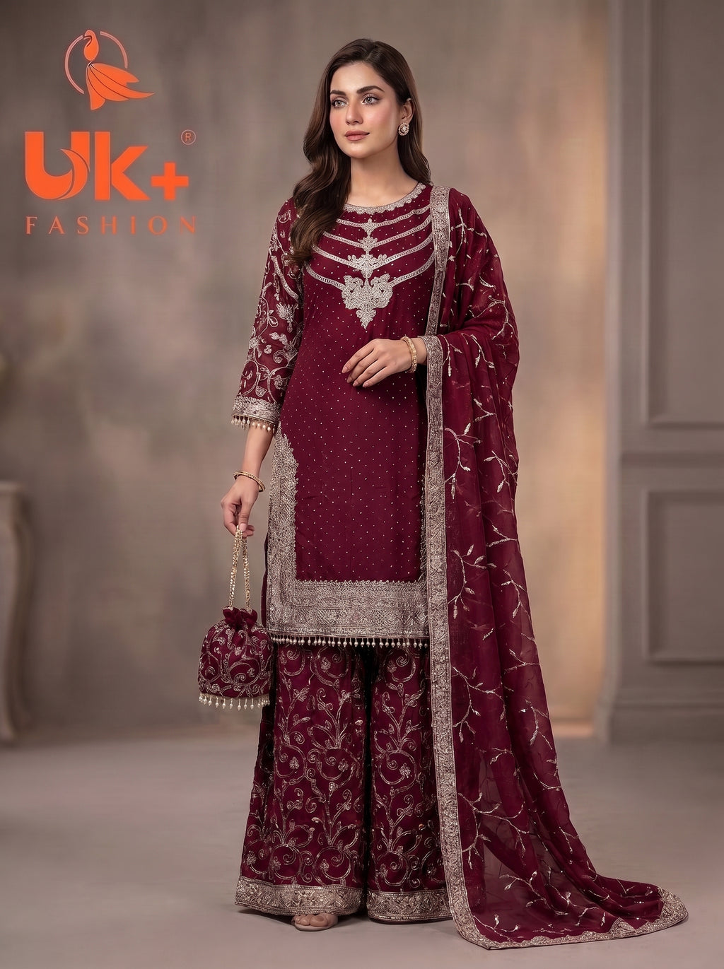 3Pc Embroided Chiffon Shirt, Plazo, Dupatta