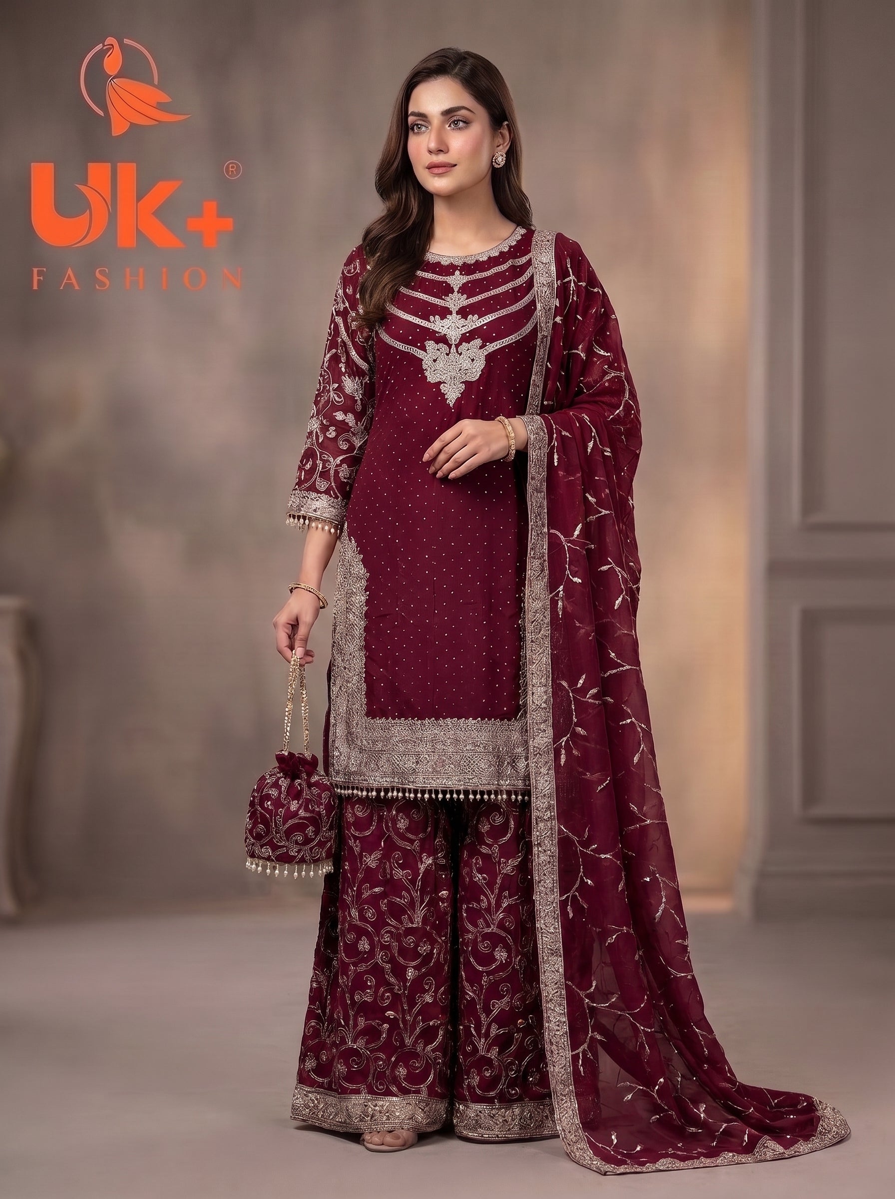 3Pc Embroided Chiffon Shirt, Plazo, Dupatta