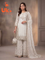 3Pc Embroided Chiffon Shirt, Plazo, Dupatta