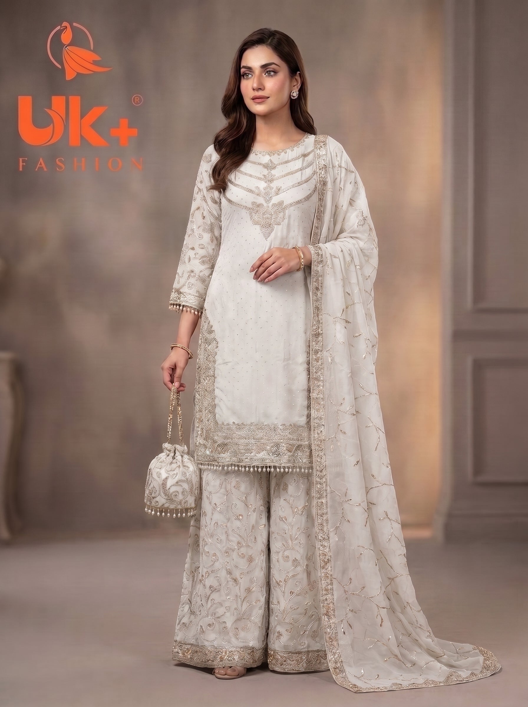 3Pc Embroided Chiffon Shirt, Plazo, Dupatta