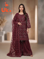 3Pc Embroidered Organza shirt, Plazo & Dupatta
