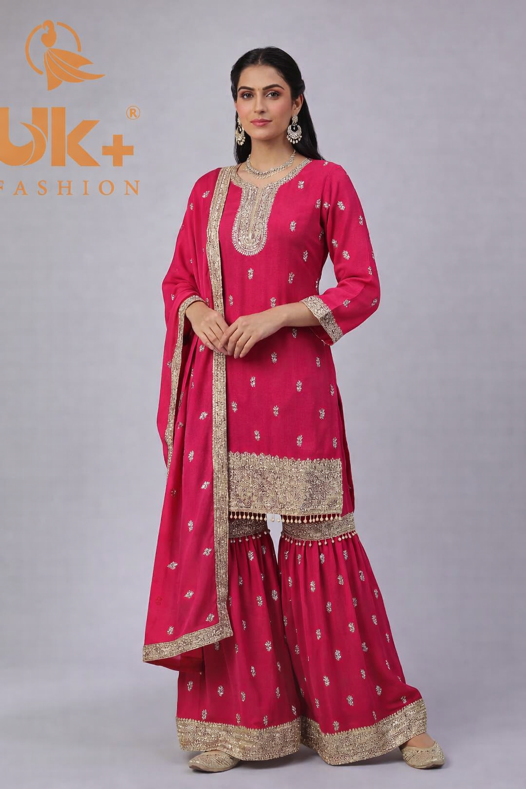 3Pc Embroided Chiffon Shirt, Gharara, Dupatta