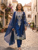 3Pc Embroided Shamoz Silk Shirt, Shalwar, Dupatta