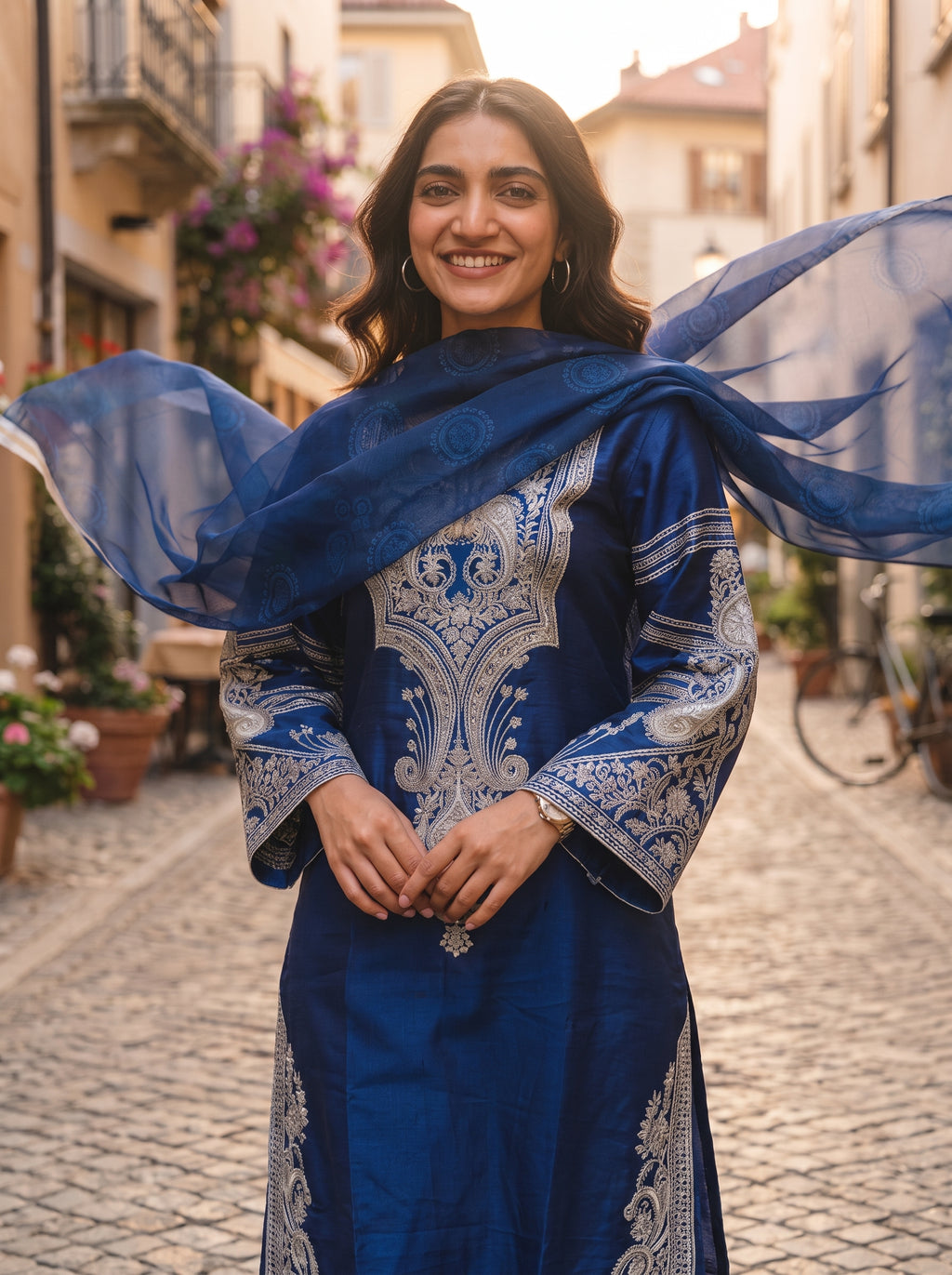 3Pc Embroided Shamoz Silk Shirt, Shalwar, Dupatta
