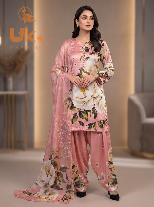 3Pc Embroidered Shamoz Silk, Shirt, Farshi & Dupatta