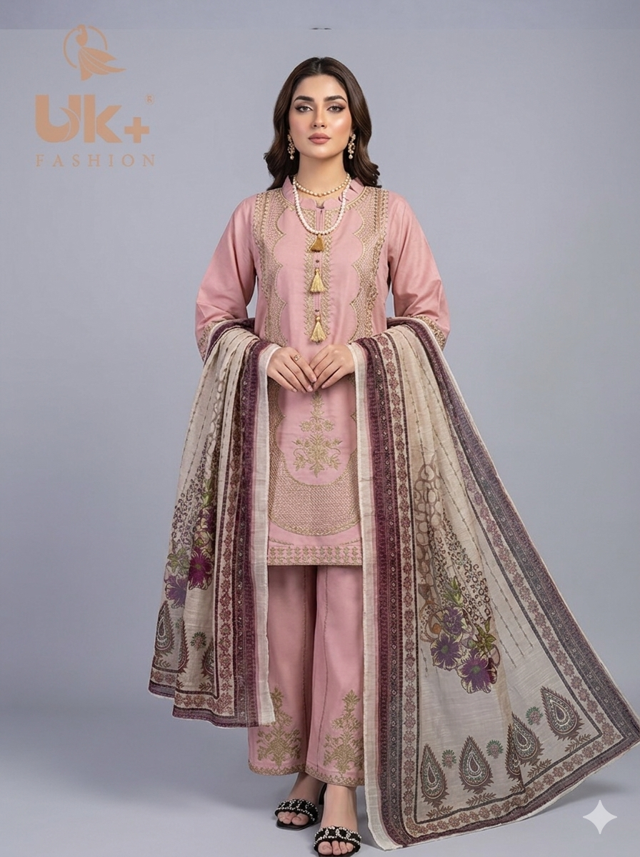 3Pc Embroidered Cotton Shirt, Plazo, Dupatta