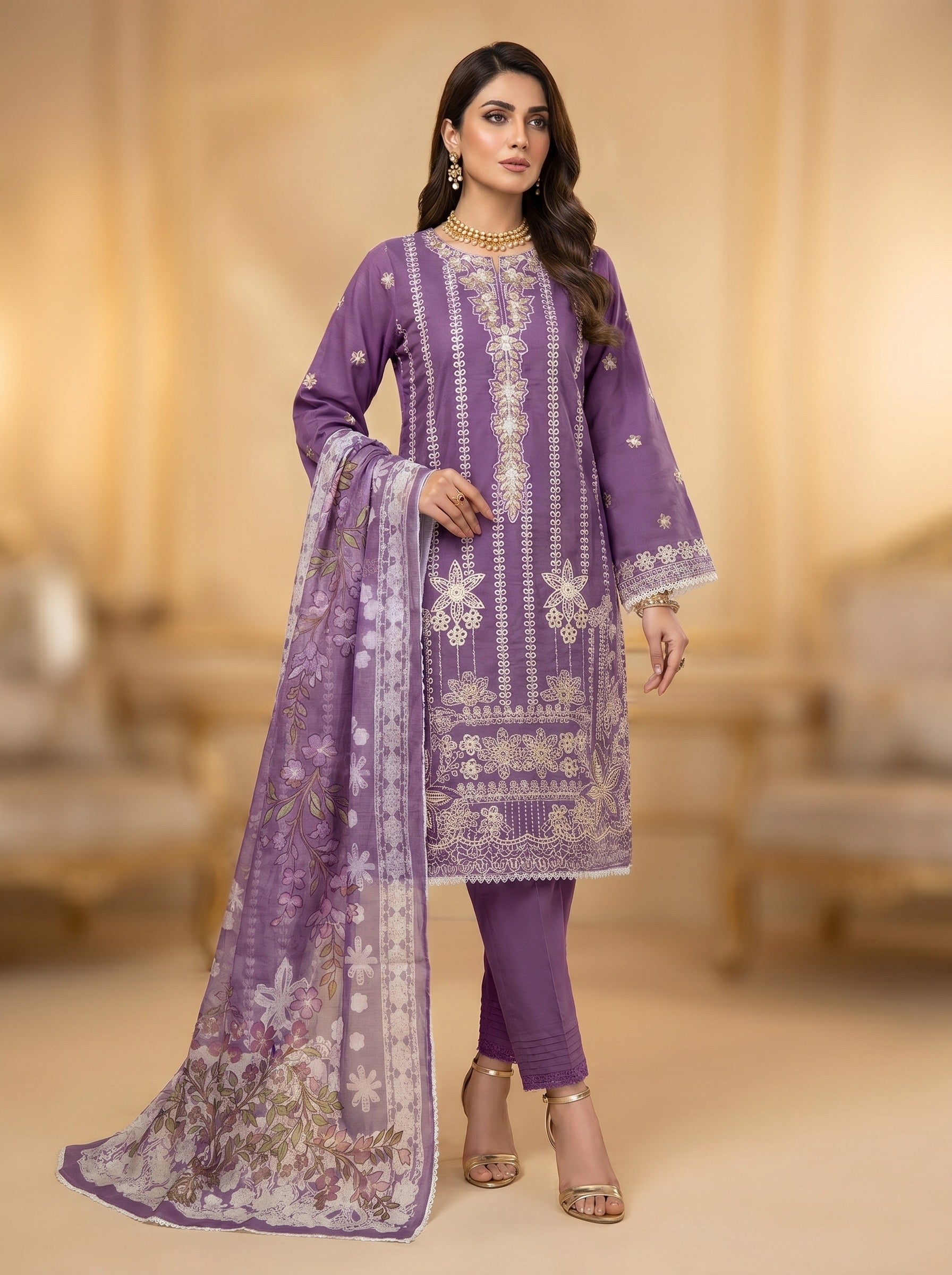 3Pc Embroidered Cotton Shirt, Trouser, Dupatta