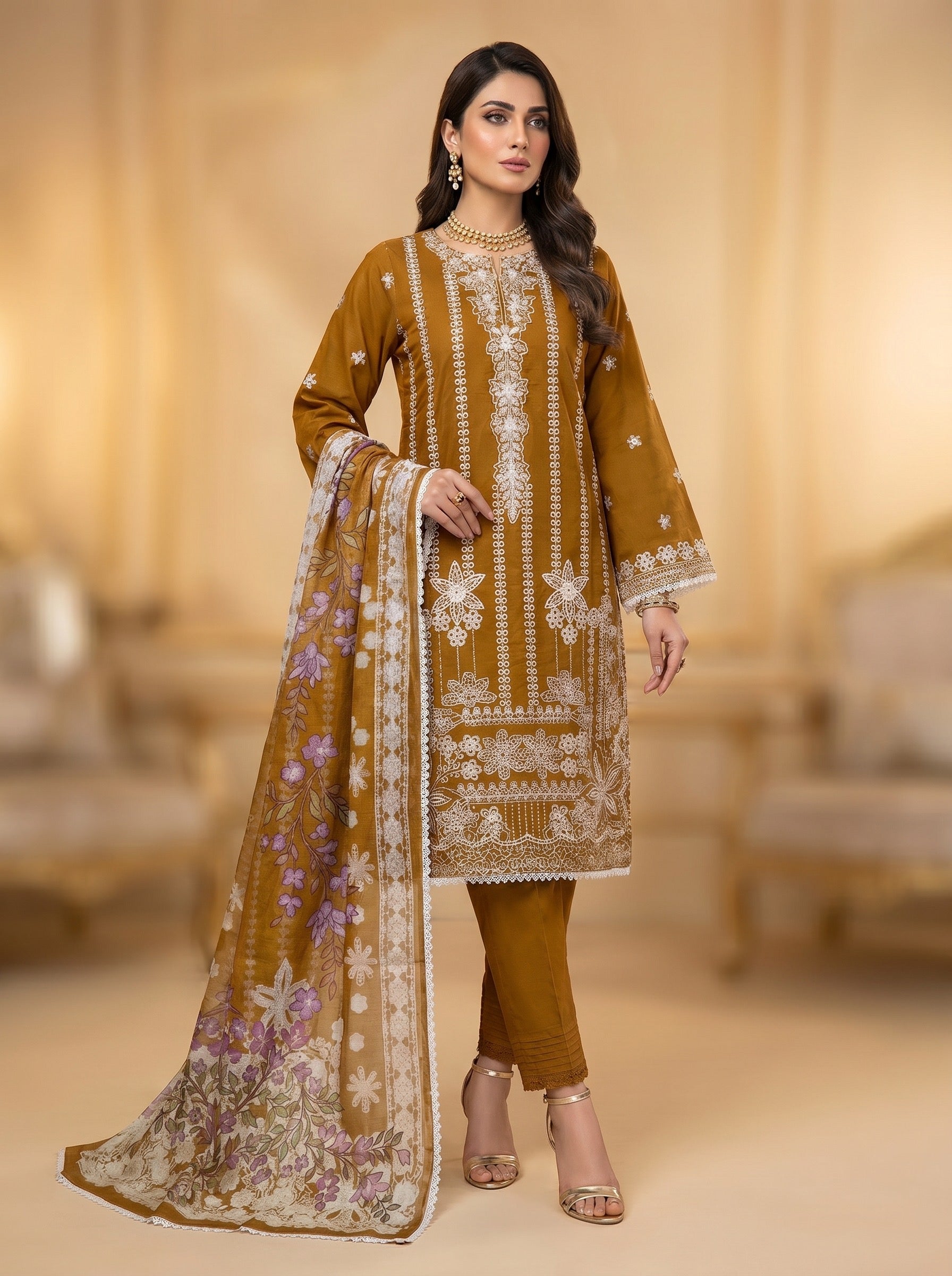 3Pc Embroidered Cotton Shirt, Trouser, Dupatta