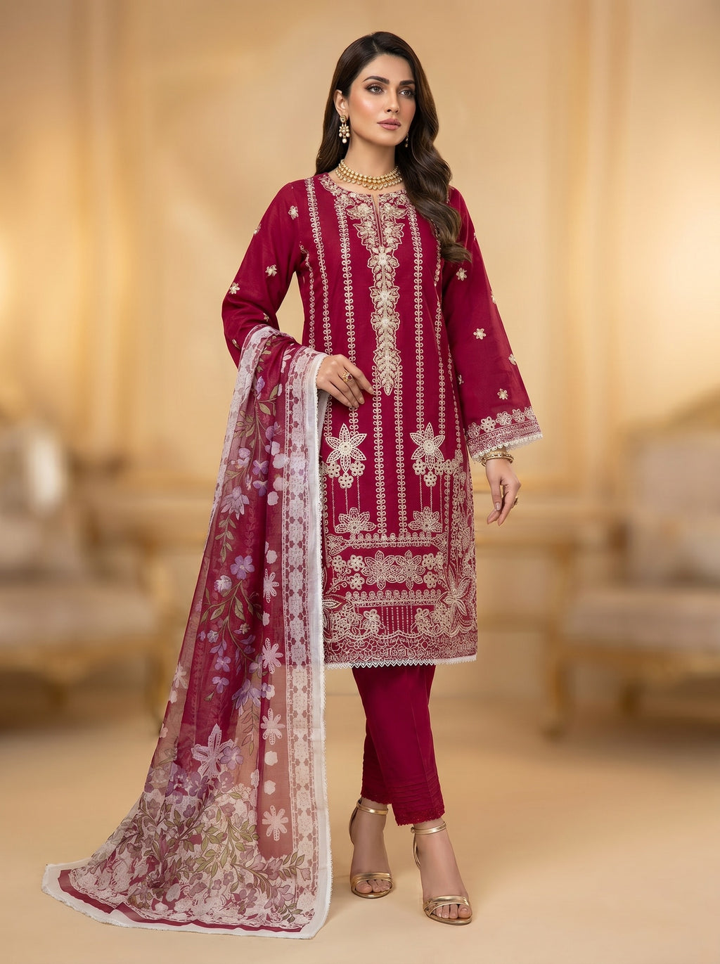 3Pc Embroidered Cotton Shirt, Trouser, Dupatta