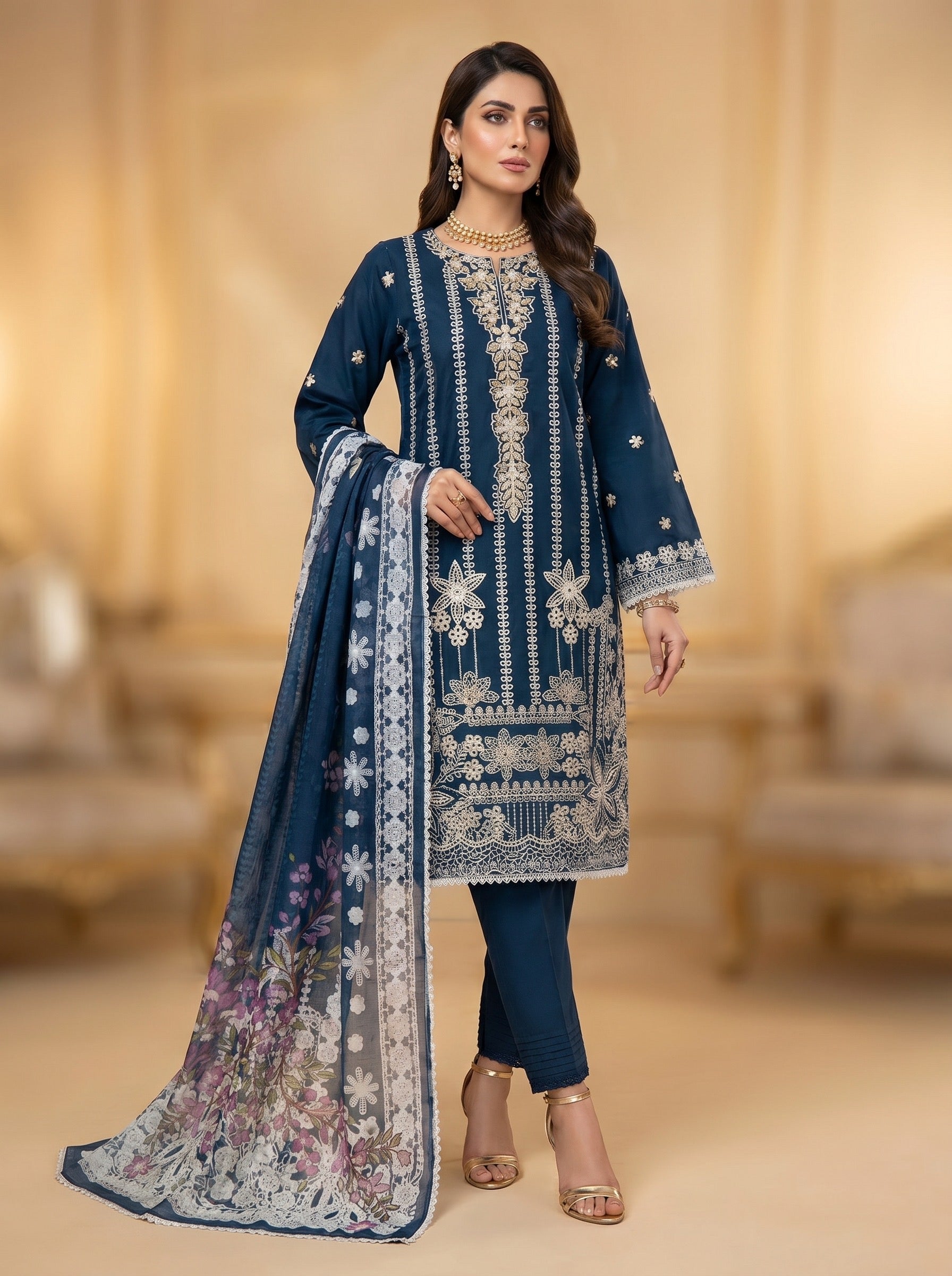 3Pc Embroidered Cotton Shirt, Trouser, Dupatta