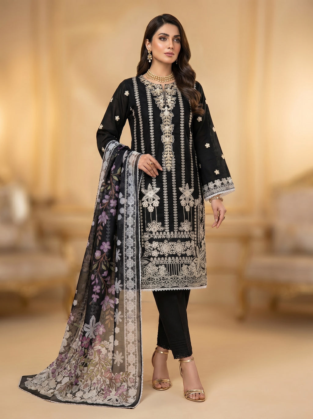 3Pc Embroidered Cotton Shirt, Trouser, Dupatta