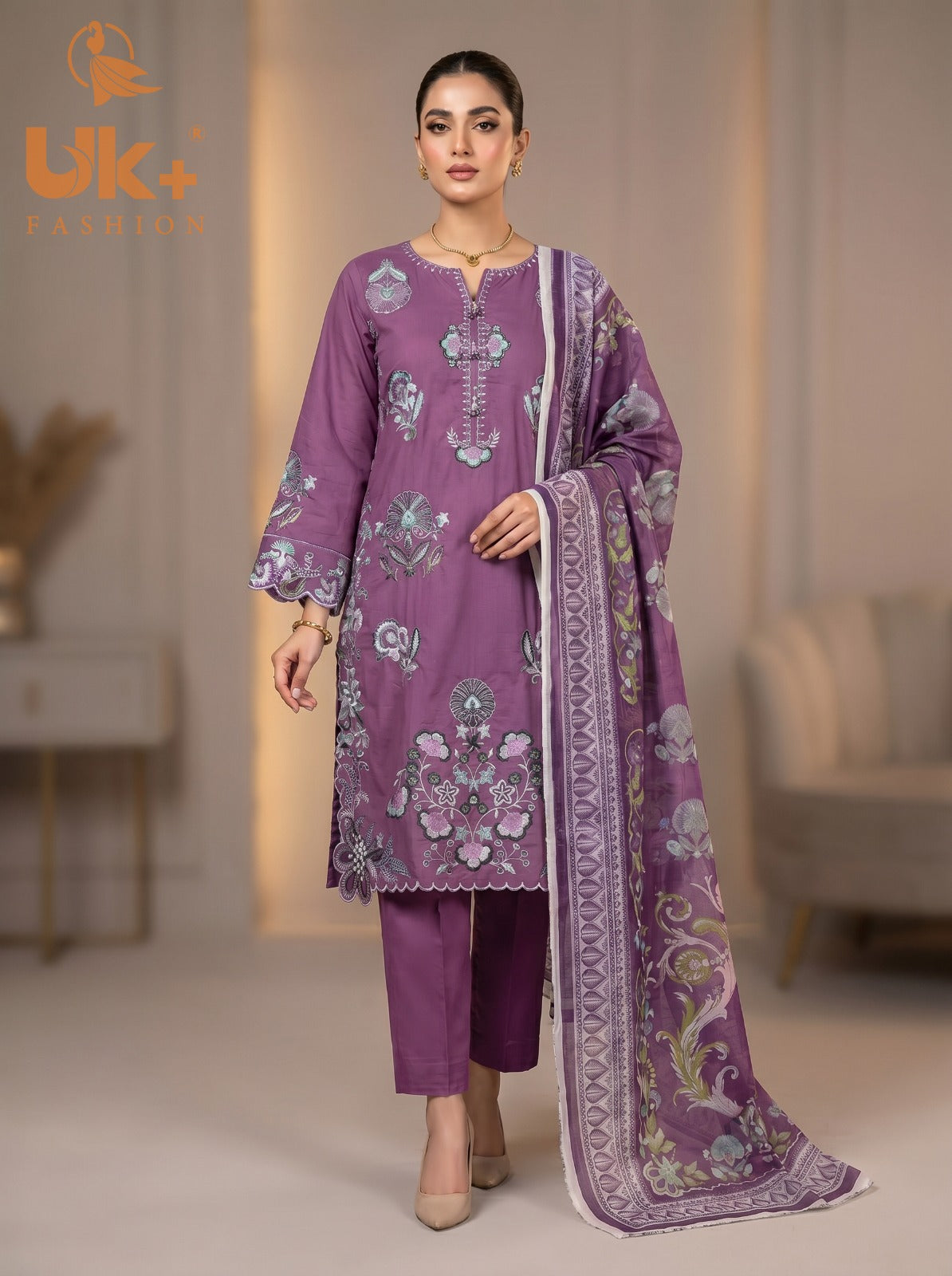 3Pc Embroidered Cotton Shirt, Trouser, Dupatta