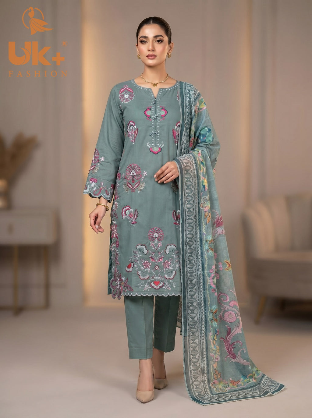 3Pc Embroidered Cotton Shirt, Trouser, Dupatta